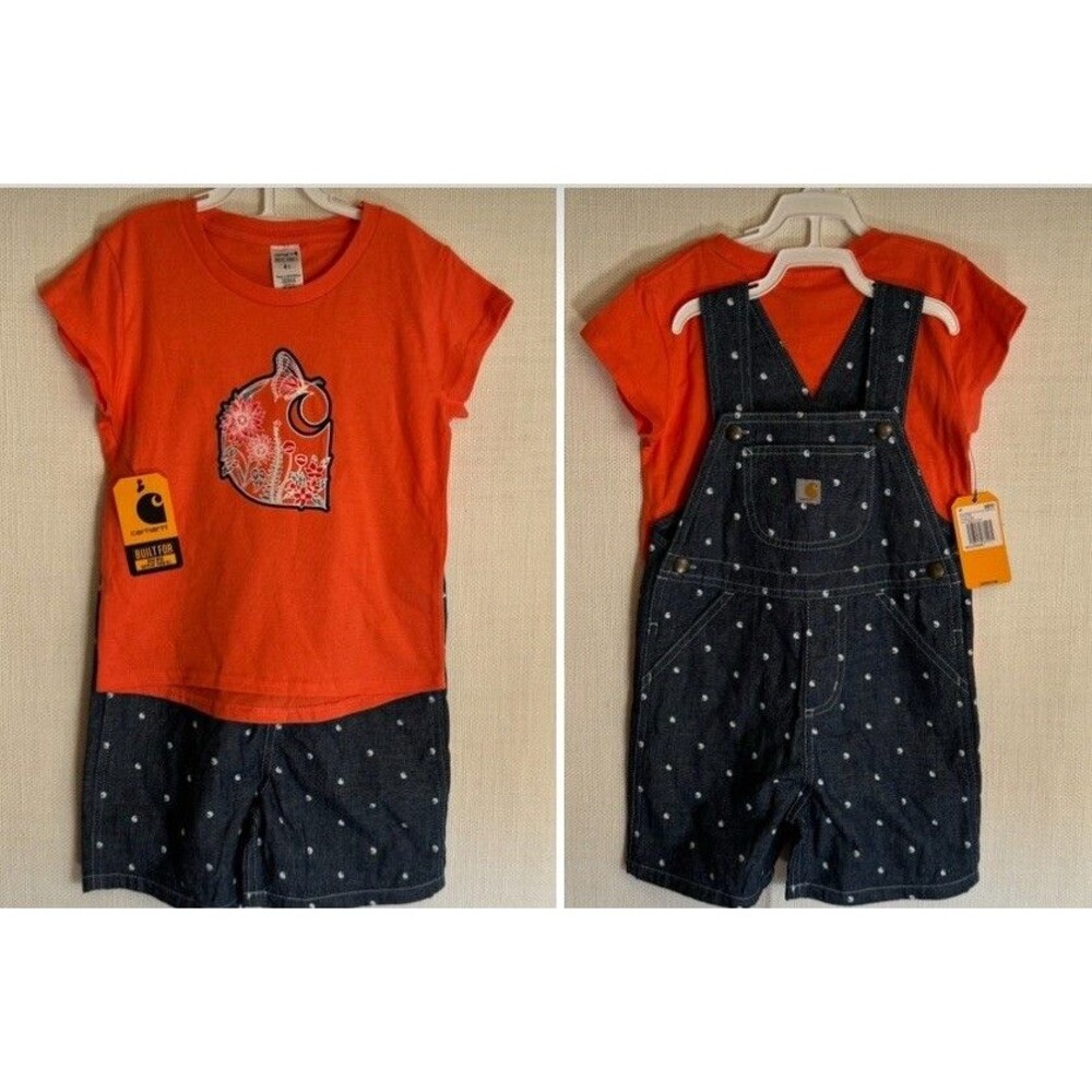 Carhartt Coveralls 4T Unisex Chambray Shortall Outfit Set Orange Blue Logo Tee